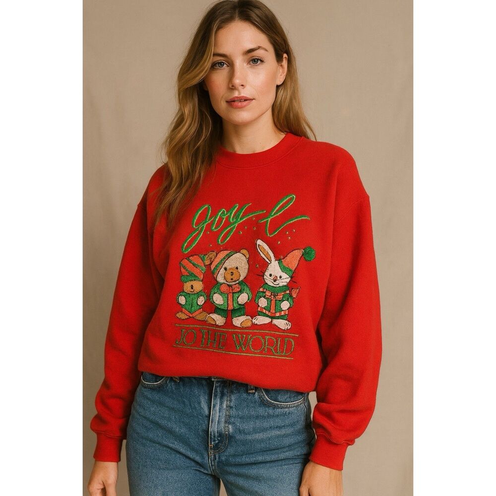 Vintage Christmas Carol Sweatshirt Adult XL Red Crewneck Joy To The‎ World